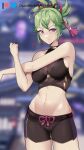  1girl ass_visible_through_thighs bangs bare_arms bare_shoulders black_shirt black_shorts blurry blurry_background commentary cowboy_shot crop_top cross-body_stretch damodar genshin_impact green_hair groin highres kuki_shinobu looking_at_viewer midriff navel no_mask ponytail purple_eyes shirt short_hair short_shorts shorts sleeveless sleeveless_shirt solo standing stomach stretch thighs 