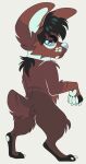  arm_tuft black_body black_fur black_hair black_toes blue_claws blue_collar blue_eyes blue_inner_ear blue_nose blue_pawpads brown_body brown_ears brown_fur brown_tail butt_tuft canid cheek_tuft claws collar digital_media_(artwork) digitigrade facial_spots facial_tuft fangs fur glistening glistening_eyes hair leg_tuft looking_at_viewer looking_back male mammal pawpads princelykaden rear_view semi-anthro short_tail shoulder_tuft simple_background solo spotted_face standing tuft white_background 