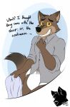  anthro brown_body brown_fur canid canine canis clothing dialogue diaper diaper_fetish dreamworks erection erection_in_diaper fur hi_res male mammal mr._wolf_(the_bad_guys) nervous_smile solo tenshokaiser the_bad_guys topwear wolf 