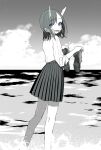  1girl absurdres aoki_ruri bangs blue_eyes blush cloud cloudy_sky collared_shirt dragon_girl dragon_horns fangs feet_out_of_frame gauze greyscale highres horns loafers long_legs long_sleeves looking_at_viewer looking_back medium_hair medium_skirt monochrome multicolored_eyes ocean open_mouth outdoors parted_bangs pink_eyes pleated_skirt ronbun ruri_dragon shirt shoes shoes_removed skirt sky sleeves_rolled_up slit_pupils solo splashing spot_color wading water 