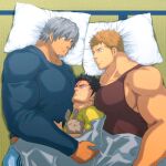  3boys bara between_pectorals biceps black_hair blush brown_hair facial_hair grey_hair highres large_pectorals long_sideburns long_sleeves looking_at_another looking_down looking_up lying male_focus manly mature_male multiple_boys muscular muscular_male on_side original pectorals pillow shirt short_hair shorts sideburns smirk spiked_hair stubble stuffed_animal stuffed_toy sweat sweatdrop ta_koazuma tank_top teeth thick_arms tight yaoi 