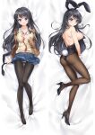  1girl :d animal_ears ass backless_leotard bare_shoulders black_hair black_legwear black_leotard blue_eyes blush breasts breasts_out brown_jacket bunny_hair_ornament collared_shirt commentary dakimakura_(medium) detached_collar fake_animal_ears from_behind full_body hair_ornament hairclip hand_on_own_chest hand_up happy headwear_removed high_heels jacket knee_up legs leotard leotard_pull long_hair looking_at_viewer looking_back lying medium_breasts miniskirt moeanime necktie nipples on_back on_side panties panties_under_pantyhose pantyhose parted_lips pleated_skirt purple_eyes rabbit_ears rabbit_tail red_necktie sakurajima_mai school_uniform seishun_buta_yarou shirt skirt smile solo staring tail teeth thigh_gap thighs underwear upper_teeth v_arms very_long_hair vest white_shirt wrist_cuffs 
