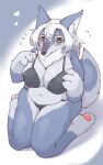 &lt;3 2022 big_breasts blue_body blue_fur blush bodily_fluids bra breasts canid clothing female flying_sweatdrops fur hair hi_res kneeling looking_at_viewer mammal open_mouth pawpads shitsu_kushi-mono solo sweat sweatdrop underwear white_hair 