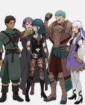 2boys 3girls :o arm_wrap armor armored_boots armored_dress bangs bernadetta_von_varley black_dress black_footwear blue_eyes blue_hair blush boots bow breastplate breasts brown_footwear brown_hair brown_legwear byleth_(fire_emblem) byleth_(fire_emblem)_(female) caspar_von_bergliez clenched_hand closed_eyes closed_mouth clothing_cutout coat coat_on_shoulders crossed_arms crying crying_with_eyes_open cyril_(fire_emblem) dark-skinned_male dark_skin dress eyebrows_behind_hair fire_emblem fire_emblem:_three_houses full_body green_pants green_shirt grey_background grey_coat hair_bow hair_ornament hand_on_hip hands_on_hips high_heel_boots high_heels highres leg_armor light_blue_hair light_smile long_hair long_sleeves looking_at_another looking_back lysithea_von_ordelia medium_breasts medium_hair midriff multiple_boys multiple_girls navel navel_cutout open_mouth pants pantyhose parted_bangs purple_dress purple_eyes purple_hair red_eyes red_pants shirt shishima_eichi short_hair shoulder_armor sidelocks simple_background small_breasts smile smirk smug standing tassel tassel_hair_ornament tears trait_connection vambraces wavy_mouth white_footwear white_hair white_legwear wide_sleeves 