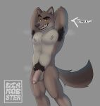  anthro armpit_hair balls bodily_fluids body_hair canid canine canis clothing dialogue diamobster dreamworks eyebrows flaccid foreskin genital_fluids genitals grey_background hands_behind_head hi_res humanoid_genitalia humanoid_penis looking_at_viewer male mammal mr._wolf_(the_bad_guys) muscular muscular_male musk nipples nude pecs penis precum pubes raised_eyebrow simple_background solo text the_bad_guys wolf 