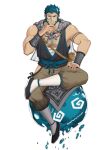  1boy abs bandages bara beard belt biceps blue_eyes blue_hair chest_hair crossed_legs facial_hair floating floating_object gauntlets hand_on_own_face highres looking_at_viewer male_focus manly mature_male monocle multicolored_hair muscular muscular_male orb original pants pectorals scarf shoes short_hair simple_background sitting socks solo spiked_hair thick_arms tokkuri white_background white_hair zhuganchangjiadan 