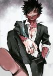  1boy alternate_eye_color artist_name black_hair blue_eyes boku_no_hero_academia burn_scar cheek_piercing cigarette dabi_(boku_no_hero_academia) formal from_below grin hair_over_one_eye hand_in_pocket highres holding holding_cigarette jewelry male_focus messy_hair multiple_scars piercing ring scar scar_on_hand scar_on_neck sharl0ck smile smoke solo staple stapled suit 