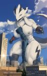  10:16 2022 absurd_res aircraft airplane anthro big_breasts blue_eyes breasts building claws cloud corpsmanwelt day destruction detailed_background female fur hair hi_res low-angle_view macro muscular muscular_female nipples outside smile solo species_request white_body white_fur white_hair 