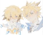  2boys blonde_hair blue_eyes blush brown_hair centurion_(elsword) chung_seiker closed_mouth colored_tips elsword frown linbai22 looking_at_viewer male_focus multicolored_hair multiple_boys shooting_guardian_(elsword) short_hair sketch spiked_hair white_background 