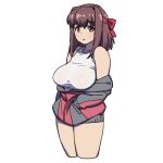  1girl :o bow breasts brown_hair covered_nipples cowboy_shot cropped_legs girls_und_panzer hair_bow highres jacket jacket_partially_removed kondou_taeko large_breasts long_hair looking_at_viewer onsen_tamago_(hs_egg) red_bow simple_background solo white_background 