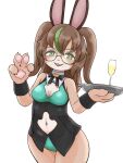  2021 3:4 4_fingers anthro beverage breasts brown_hair clothing eyewear female fingerpads fingers glasses green_highlights hair hi_res highlights_(coloring) holding_beverage holding_object lagomorph leporid looking_at_viewer mammal pawpads rabbit round_glasses simple_background smile snakehunter solo uniform white_background 