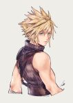  1boy armor bandaged_arm bandages belt blonde_hair blue_eyes blue_shirt cloud_strife final_fantasy final_fantasy_vii final_fantasy_vii_remake hair_between_eyes looking_back male_focus mim_(mimya0600) muscular muscular_male shirt short_hair shoulder_armor sleeveless sleeveless_turtleneck solo spiked_hair suspenders turtleneck upper_body 