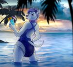  alcohol anthro beach beverage blue_hair canid canine canis clothing cocktail collar diaper domestic_dog ear_piercing female flax_(artist) hair hi_res mammal palm_tree piercing pink_collar plant seaside short_hair solo spiked_collar spikes swimwear tree water 