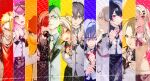  5boys 6+girls ashita_no_tsumibito_to_mujintou_no_kyoushitsu bent_over blonde_hair blue_hair candy clenched_hands cuffs dark_blue_hair eating everyone facing_viewer food food-themed_hair_ornament fork green_eyes green_hair grey_eyes grey_hair hair_ornament handcuffs highres holding holding_fork katariki_kana kayahara lollipop looking_at_viewer multiple_boys multiple_girls novel_illustration official_art own_hands_together pink_eyes pink_hair red_hair textless_version yellow_eyes yuji_yuuhi 