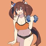  1girl animal_ears bikini breasts brown_hair cleavage cowboy_shot dumbbell exercise hair_between_eyes highres hishi_akebono_(umamusume) horse_ears horse_girl horse_tail large_breasts leaning_forward long_hair navel onsen_tamago_(hs_egg) orange_background orange_bikini red_eyes simple_background solo sports_bikini swimsuit tail twintails umamusume weightlifting 