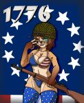  4th_of_july american_flag_bikini anthro armor bikini breasts clothing female gesture gun headgear helmet hi_res jinrai katya_(pistolpete) legwear m1_garand mammal one_eye_closed ranged_weapon smile solo swimwear thigh_highs ursid v_sign weapon wink 