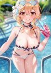  1girl bangs bare_arms bare_shoulders bikini blonde_hair blurry blurry_background blush breasts choker cowboy_shot cup disposable_cup drinking_straw english_commentary eyewear_on_head flower food fruit genshin_impact grin hair_between_eyes hair_flower hair_ornament hand_up heart heart-shaped_eyewear highres holding holding_cup large_breasts looking_at_viewer lumine_(genshin_impact) medium_hair navel outdoors pool smile solo squchan standing stomach strawberry sunglasses swimsuit thighs umbrella water white_bikini white_flower yellow_eyes 
