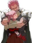  1boy 1girl armor blush bracer brother_and_sister cape closed_eyes commentary cowboy_shot earrings embarrassed fire_emblem fire_emblem:_three_houses fire_emblem_warriors:_three_hopes gloves hair_bun happy height_difference hetero highres hilda_valentine_goneril holst_sigiswald_goneril hoop_earrings hug jewelry medium_hair muscular muscular_male open_mouth pauldrons pink_hair ponytail red_gloves red_shirt red_skirt shirt shishima_eichi short_hair shoulder_armor siblings sidelocks simple_background size_difference skirt smile spiked_hair standing sweatdrop teeth white_background 