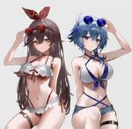  2girls :| amber_(genshin_impact) arm_behind_back arm_up asymmetrical_hair bangs bare_arms belt bikini bikini_skirt bikini_top_only blue_hair blush breasts brown_hair choker cleavage closed_mouth commentary contrapposto cowboy_shot criss-cross_halter crossed_bangs eula_(genshin_impact) eyewear_on_head frilled_bikini frills front-tie_top genshin_impact grey_background hair_between_eyes hair_ornament hair_ribbon hairband halterneck hand_on_eyewear large_breasts leg_up long_hair medium_breasts multicolored_eyes multiple_girls navel purple_eyes raiya_atelier red_bikini red_choker red_hairband ribbon round_eyewear short_hair short_shorts shorts shoulder_belt side-tie_bikini simple_background skirt sleeveless smile solo standing stomach sunglasses swimsuit thigh_strap thighs tinted_eyewear two-tone_bikini unbuttoned_shorts white_skirt yellow_eyes 