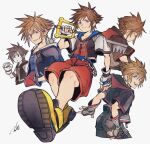  1boy belt black_shorts blue_eyes brown_hair chain_necklace clenched_hand closed_eyes cropped_hoodie fingerless_gloves full_body gloves hair_between_eyes hand_up hood hood_down hoodie keyblade kingdom_hearts kingdom_hearts_3d_dream_drop_distance kingdom_hearts_ii kingdom_hearts_iii looking_at_viewer male_focus mim_(mimya0600) multiple_views official_alternate_costume open_mouth over_shoulder parted_lips red_shorts short_hair short_sleeves shorts smile solo sora_(kingdom_hearts) spiked_hair teeth upper_body upper_teeth weapon weapon_over_shoulder white_background yellow_footwear 