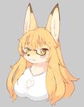  2021 anthro blonde_hair blush breasts brown_nose bust_portrait canid canine clothing dipstick_ears eyewear female fox fur glasses grey_background hair hi_res looking_at_viewer mammal multicolored_ears portrait shirt shitsu_kushi-mono simple_background smile smug solo topwear white_body white_clothing white_fur white_shirt white_topwear yellow_body yellow_eyes yellow_fur 