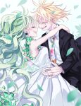  1boy 1girl absurdres blonde_hair brother_and_sister closed_eyes collared_shirt dancing dress earrings formal green_hair highres hug jewelry long_hair mii_(m_730424) multicolored_necktie necktie open_mouth otogami_mimin pppppp shirt siblings simple_background smile sonoda_lucky suit very_long_hair waist_hug 