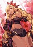  1girl absurdres bangs bare_legs blonde_hair box braid braided_ponytail dark-skinned_female dark_skin eyebrows_behind_hair gift gift_box granblue_fantasy hair_between_eyes hair_ribbon heart helel_ben_shalem highres hizuki_miya holding kneeling long_hair looking_at_viewer mouth_hold red_eyes ribbon shorts solo valentine 