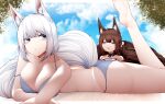  2girls absurdres amagi-chan_(azur_lane) animal_ear_fluff animal_ears ass azur_lane bare_legs bare_shoulders barefoot beach beads bikini black_choker blue_eyes blue_sky blush bob_cut breasts brown_hair brown_tail choker cleavage closed_eyes closed_mouth cloud cloudy_sky collarbone crossed_arms dated_commentary eyebrows_behind_hair eyes_visible_through_hair fox_ears fox_girl fox_tail from_side grey_bikini hair_beads hair_ornament head_tilt highres kaga_(azur_lane) kitsune kyuubi large_breasts leg_up long_hair looking_at_viewer lying medium_hair midriff multiple_girls multiple_tails off-shoulder_bikini off_shoulder on_stomach open_mouth outdoors ribbon_choker samip sand sidelocks sky slit_pupils small_breasts sunbathing swimsuit symbol-only_commentary tail teeth thighs tree twintails vegetation white_hair white_tail 