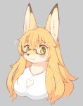  2021 anthro blonde_hair blush breasts brown_nose bust_portrait canid canine clothing dipstick_ears eyewear female fox fur glasses grey_background hair hi_res looking_at_viewer mammal multicolored_ears portrait shirt shitsu_kushi-mono simple_background smile solo topwear white_body white_clothing white_fur white_shirt white_topwear yellow_body yellow_eyes yellow_fur 