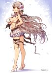  1girl bare_arms bare_shoulders bikini breasts corrin_(fire_emblem) corrin_(fire_emblem)_(female) fire_emblem fire_emblem_fates fire_emblem_heroes floating_hair flower flower_wreath from_side full_body grey_hair hair_flower hair_ornament high_heels highres large_breasts long_hair looking_at_viewer official_alternate_costume open_mouth purple_flower shoes skirt smile solo standing swimsuit thigh_strap very_long_hair virus-g white_bikini white_footwear white_skirt 