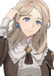  1girl adjusting_hair ascot bangs blue_eyes breasts brown_ascot brown_dress closed_mouth commentary dress earrings fire_emblem fire_emblem:_three_houses frills hand_in_own_hair jewelry light_brown_hair long_sleeves looking_at_viewer medium_breasts medium_hair mercedes_von_martritz parted_bangs shishima_eichi simple_background smile solo upper_body white_background 