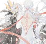  1boy 1girl blue_eyes code:_esencia_(elsword) elsword elsword_(character) eve_(elsword) facing_another genesis_(elsword) gloves linbai22 long_hair long_sleeves looking_at_another looking_at_viewer marking_on_cheek short_hair sketch tattoo white_background white_hair wings 