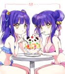  2girls :3 bell bikini blue_bikini blue_hair blush breasts cleavage closed_mouth double_bun eyebrows_behind_hair food hair_bell hair_bun hair_ornament hair_ribbon ice_cream jashin-chan_dropkick kyon-kyon_(jashin-chan_dropkick) large_breasts looking_at_viewer multiple_girls navel official_art open_mouth pink_bikini ran-ran ribbon siblings simple_background sisters small_breasts smile swimsuit twintails white_background yellow_eyes yukiwo 