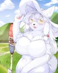  2022 4:5 anthro big_breasts black_nose blush breasts canid clothing cloud cute_fangs day dress female fingerpads fur grass hi_res looking_at_viewer mammal open_mouth outside pawpads plant shitsu_kushi-mono sign solo white_body white_clothing white_dress white_fur yellow_eyes 
