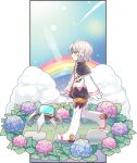  1girl android another_code_(elsword) artist_request black_capelet blue_flower boots capelet cloud elsword eve_(elsword) facial_mark flower forehead_jewel gloves grey_hair hydrangea jacket light_rays long_sleeves official_art out_of_frame path pink_flower purple_flower rainbow robot robot_ears solo tattoo walking white_jacket 
