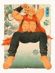  abs arm_behind_head armpits bara barefoot beenic biceps black_hair blonde_hair chest_belt denim gauntlets gyee highres jeans jewelry kanji large_pectorals male_focus manly mature_male multicolored_hair muscular muscular_male necklace nipples no_shirt original pants pectorals romg scar scar_across_eye scar_on_face scarf solo spiked_hair spread_legs stomach_tattoo stuffed_animal stuffed_toy tattoo thick_arms undercut yun_shen 