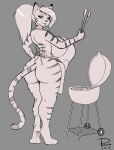  2017 anthro apron apron_only barbecue big_breasts big_butt biped breasts butt clothing cooking_tongs felid female greyscale hair hi_res huge_breasts kitchen_utensils looking_at_viewer looking_back looking_back_at_viewer mammal monochrome mostly_nude pantherine ponytail smile smiling_at_viewer solo tabykat tabytha_starling tiger tongs tools 