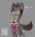  anthro armpit_hair body_hair briefs bulge canid canine canis clothed clothing dialogue diamobster dreamworks eyebrows grey_background hands_behind_head hi_res looking_at_viewer male mammal mr._wolf_(the_bad_guys) muscular muscular_male musk nipples pecs pubes raised_eyebrow simple_background solo text the_bad_guys topless topless_male underwear wolf 