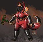 anthro armwear big_breasts blush boots breasts canid canine canis clothing domestic_dog elbow_gloves explosives female footwear gas_mask gloves gothycollie grenade handwear hi_res latex_gloves mammal mask pyro_(team_fortress_2) rake rubber rubber_boots rubber_clothing rubber_suit solo team_fortress_2 tools valve video_games weapon zipper 