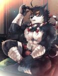  1boy abs another_eidos-r bandaged_arm bandaged_leg bandages bara biceps black_claws black_fur dog_boy furry furry_male hanzo_(another_eidos) highres large_pectorals looking_to_the_side male_focus male_underwear manly mature_male multicolored_fur muscular muscular_male ohayashi55 open_mouth pectorals pillow red_eyes sitting solo spread_legs teeth thick_arms thick_eyebrows thick_thighs thighs tongue topless_male underwear white_fur 