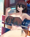  1girl armpits bare_shoulders bench bikini black_bikini black_hair breasts cleavage food highres large_breasts looking_at_viewer medium_hair navel open_mouth original popsicle shiki_(psychedelic_g2) sitting solo swimsuit teeth wet yellow_eyes 