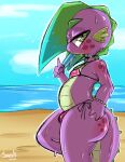  absurd_res anthro beach bedroom_eyes big_butt bikini bodily_fluids bracelet bulge butt choker clothing dragon ear_piercing ear_ring eating food friendship_is_magic girly green_eyes green_hair hair hi_res jewelry looking_at_viewer male midriff my_little_pony narrowed_eyes necklace piercing popsicle purple_body purple_scales ring_piercing saurian_(artist) scales seaside seductive solo spike_(mlp) spyke_(saurian) sweat swimwear thick_thighs 