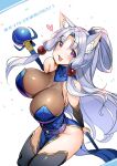  1girl :d ajishio animal_ears bangs bare_shoulders blush boots breasts cleavage fox_ears grey_hair groin hair_intakes hair_rings high_ponytail large_breasts long_hair looking_at_viewer open_mouth parted_bangs pelvic_curtain purple_eyes scepter sidelocks skin_tight smile solo tabard thigh_boots touhoku_itako very_long_hair voiceroid 