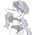  1girl bra breasts cowboy_shot daiwa_scarlet_(umamusume) from_behind greyscale hair_ribbon highres horse_tail large_breasts long_hair looking_at_viewer monochrome muscular muscular_female onsen_tamago_(hs_egg) panties ribbon simple_background solo standing tail tiara twintails umamusume underwear very_long_hair white_background 