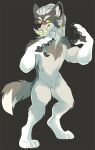  anthro black_claws black_inner_ear black_nose canid cheek_tuft chest_tuft claws crotch_tuft dreadlocks ear_piercing facial_tuft fluffy fluffy_tail front_view fur gloves_(marking) green_eyes green_teeth grey_background grey_body grey_ears grey_fur grey_pawpads grey_tail grin hair leg_markings leg_tuft looking_aside male mammal markings neck_tuft orange_sclera pawpads piercing princelykaden shoulder_tuft simple_background smile socks_(marking) solo standing tuft white_body white_fur white_hair white_tail 