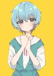  1girl absurdres ayanami_rei blue_hair blush highres looking_at_viewer neon_genesis_evangelion red_eyes sasakungoodsize school_uniform simple_background solo tokyo-3_middle_school_uniform yellow_background 