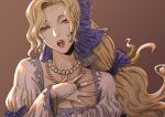  1girl alternate_hairstyle bead_necklace beads blonde_hair blue_eyes breasts bridal_gauntlets celes_chere cleavage dress earrings final_fantasy final_fantasy_vi hair_ribbon highres jewelry lipstick long_hair makeup necklace official_alternate_costume ribbon wavy_hair white_dress yukimedonn 