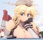  1girl arm_support blonde_hair blue_eyes boots breasts cleavage closed_mouth collar day elbow_gloves giant giantess gloves headgear highres huge_breasts iowa_(kancolle) kantai_collection leg_up long_hair looking_at_viewer lying messy_hair metal_collar on_stomach outdoors partially_submerged raps_(yohomeboyraps) ship sidelocks smile solo star_(symbol) star_in_eye symbol_in_eye thigh_boots tugboat two-tone_skirt watercraft 