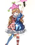  1girl absurdres american_flag_dress american_flag_legwear blonde_hair clownpiece collared_dress commeowdore dress frilled_dress frills hand_up hat highres jester_cap long_hair open_mouth thighhighs torch touhou 