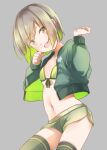  1girl :d bikini bikini_under_clothes blush brown_eyes brown_hair collarbone comah front-tie_bikini front-tie_top green_hair green_jacket green_legwear green_shorts grey_background hands_up highres jacket long_sleeves looking_at_viewer multicolored_hair navel open_clothes open_jacket original puffy_long_sleeves puffy_sleeves short_shorts shorts simple_background smile solo star_(symbol) striped striped_bikini swimsuit thighhighs two-tone_hair vertical-striped_bikini vertical_stripes 